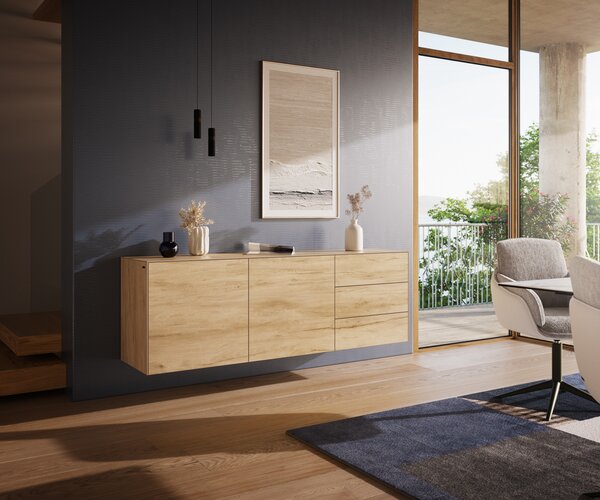 DELIFE Komoda Cuor 180 cm keramika Laminam® Sabbia dubová farba 2 dvierka 3 zásuvky závesná