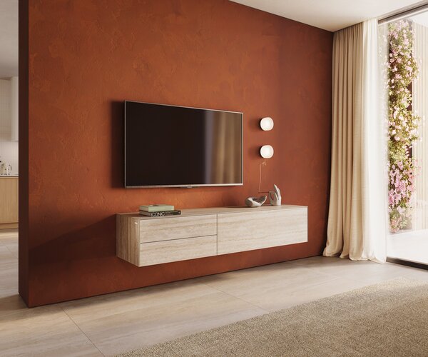 DELIFE TV stolík Cuor 180 cm keramika Laminam® Travertino Bianco krémovo biela 1 výklopné dvierka 2 zásuvky závesné