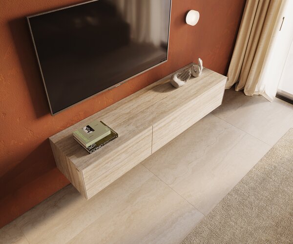 DELIFE TV stolík Cuor 180 cm keramika Laminam® Travertino Bianco krémovo biela 1 výklopné dvierka 2 zásuvky závesné