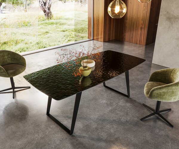 DELIFE Jedálenský stôl Edge zaoblený tvar 200x100 reliéfne sklo dymovo čierna 3D dizajn kov šikmý čierna