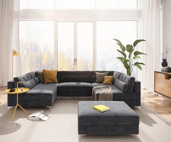 DELIFE Pohovka v tvare U Elio 300x185 cm mikrovlákno grafitová s taburetom