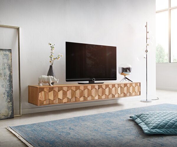 DELIFE TV stolík Fevo 200 cm akácia prírodná 4 dvierka závesný