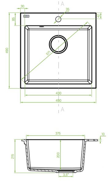 Laveo Alena, 1-komorový granitový drez 490x490x215 mm, čierna škvrnitá, LAV-SBA_710T