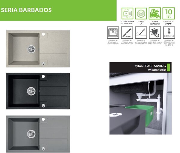 Laveo Barbados, 1-komorový granitový drez 760x440x194 mm + drezová batéria Granit 8, šedá, LAV-SBBA511T