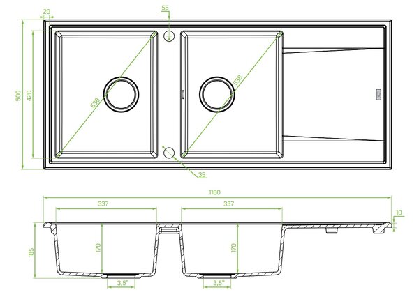 Laveo Megalo, 2-komorový granitový drez 1160x500x185 mm s dlhým odkvapávačom, čierna, LAV-SBE_721B