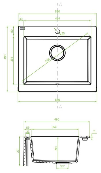 Laveo Komodo, 1-komorový granitový drez 586x490x221 mm, šedá, LAV-SBK_510A