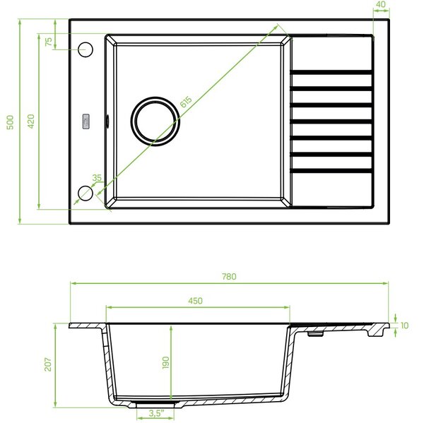 Laveo Pionier, 1-komorový granitový drez 780x500x207 s krátkym odkvapávačom, biela, LAV-SBR_613T