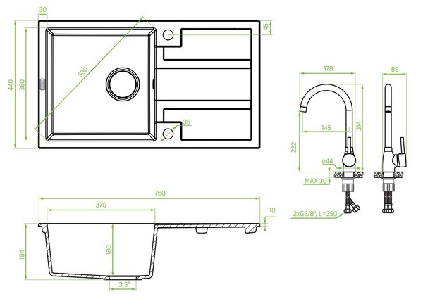 Laveo Barbados, 1-komorový granitový drez 760x440x194 mm + drezová batéria Granit 8, šedá, LAV-SBBA511T