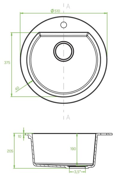 Laveo Dafne, 1-komorový granitový drez 510x510x205 mm, šedá, LAV-SBD_580T