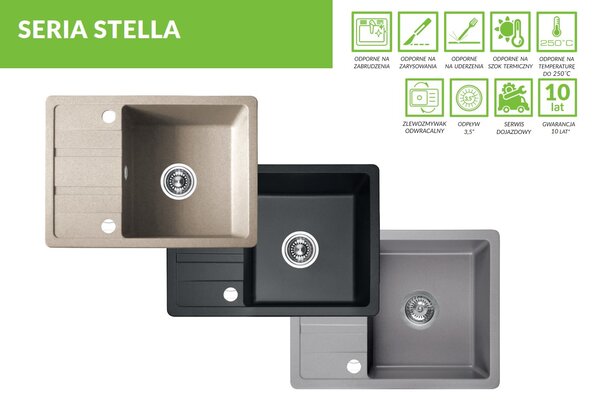 Laveo Stella, 1-komorový granitový drez 580x440x163 mm s krátkym odkvapávačom, béžová, LAV-SBY_413T