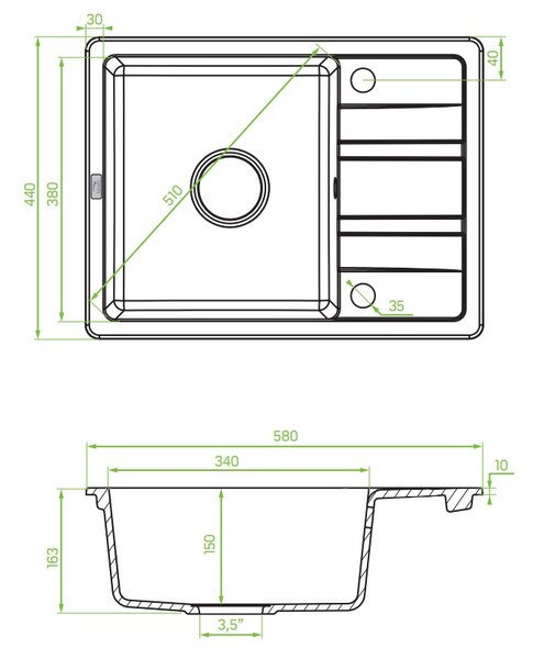 Laveo Stella, 1-komorový granitový drez 580x440x163 mm s krátkym odkvapávačom, béžová, LAV-SBY_413T