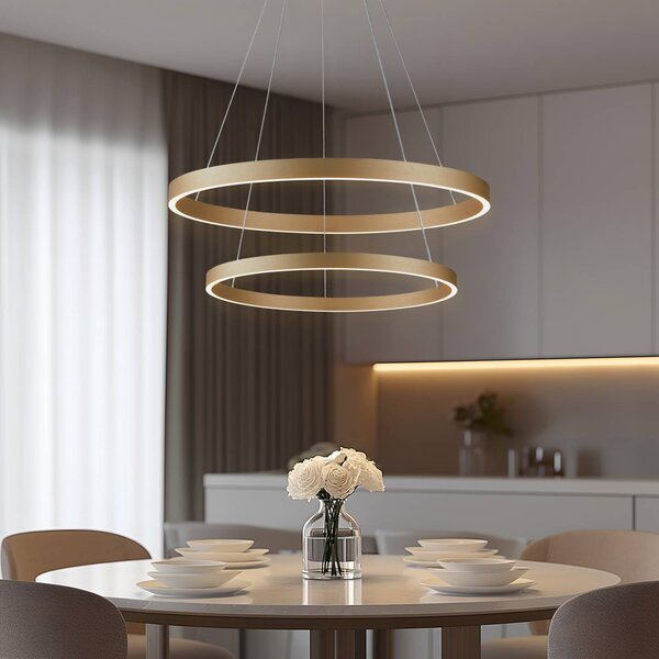 Lucande Smart LED závesné svietidlo Yonam, zlaté, 2 svetlá, Tuya, Mosadz / zlato, Obývacia izba / jedáleň, Hliník, Moderný, Závesné svietidlo