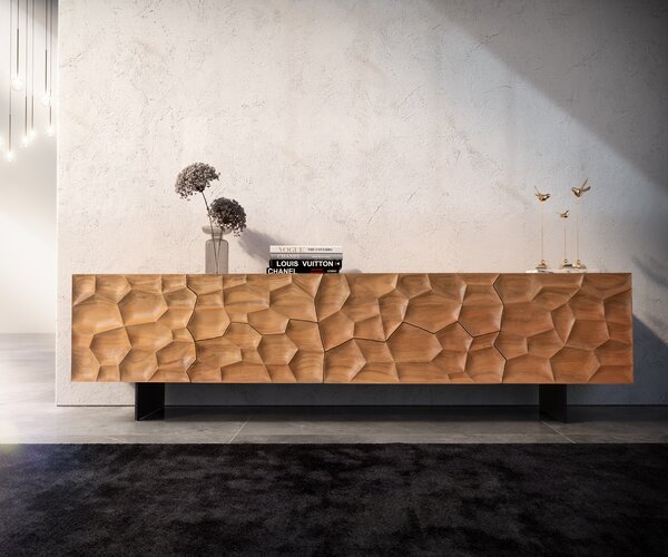 DELIFE TV stolík Solu 220 cm akácia prírodná 2 dvierka 4 zásuvky závesná kov čierna 3D čelá