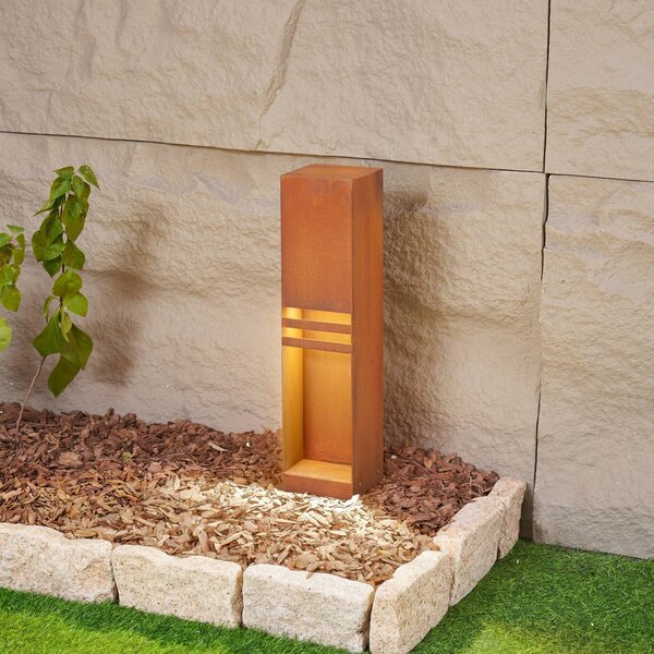 Lucande LED podlahové svietidlo Oxido, farba hrdza, výška 50 cm, IP44, Hnedá / hrdzavá, kov, Moderný, Vonkajčie stĺpové osvetlenie