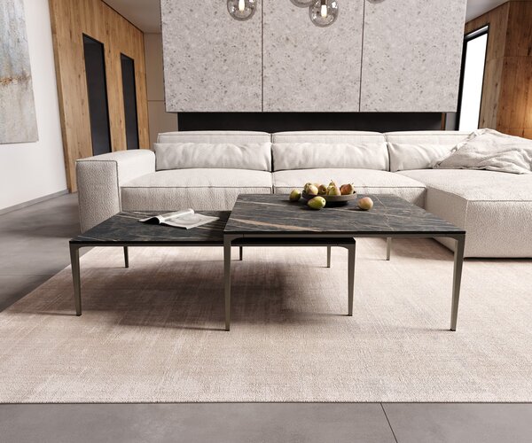 DELIFE Konferenčný stolík Levente 85x85 cm keramika Laminam® Noir Desir hnedá podstava kov titánová farba