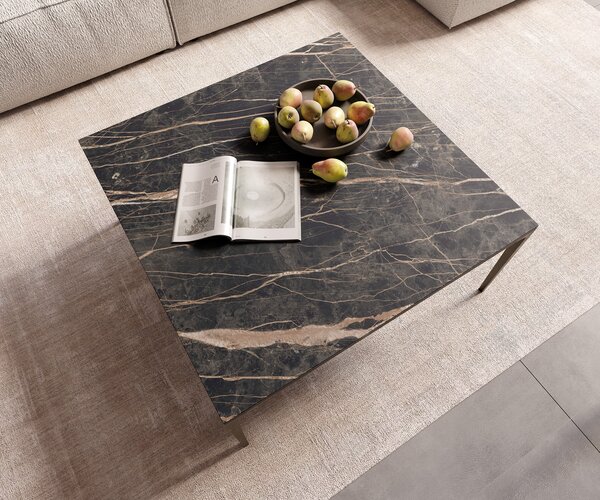 DELIFE Konferenčný stolík Levente 85x85 cm keramika Laminam® Noir Desir hnedá podstava kov titánová farba