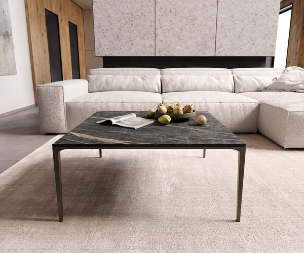 DELIFE Konferenčný stolík Levente 85x85 cm keramika Laminam® Noir Desir hnedá podstava kov titánová farba