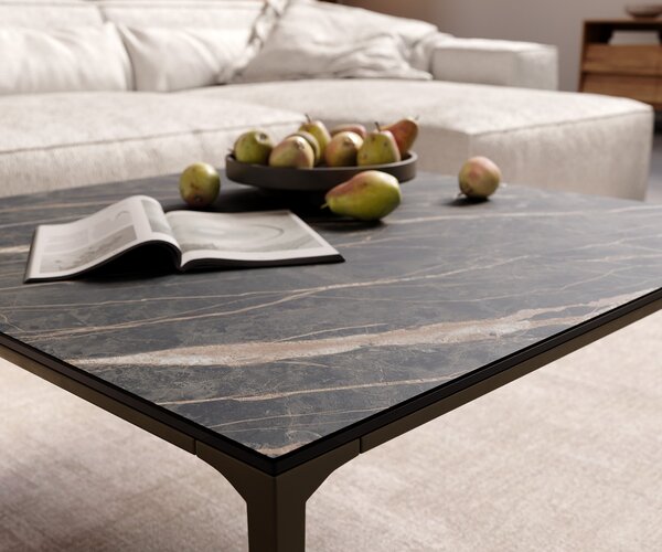 DELIFE Konferenčný stolík Levente 85x85 cm keramika Laminam® Noir Desir hnedá podstava kov titánová farba