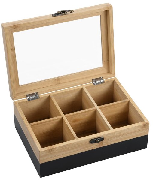 Organizér na čaje, 6 priehradiek, 21,5 x 15 x 8,5 cm, bambus, čierny KESPER 58940
