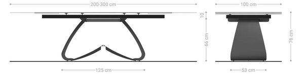 DELIFE Jedálenský stôl Edge 200-300x100 reliéfne sklo dymovo čierna 3D dizajn podstava v tvare W čierna rozkladací