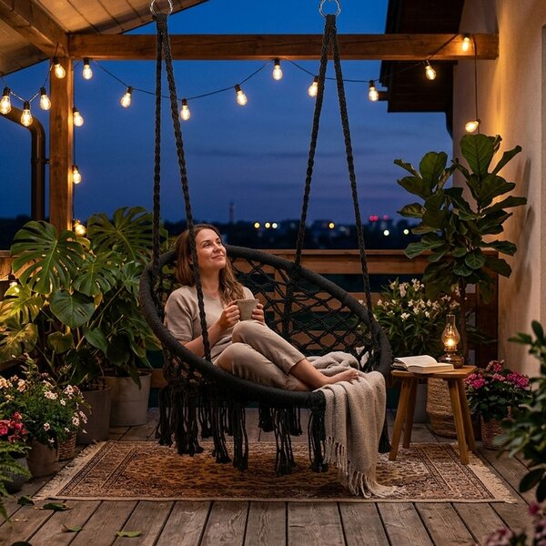 MultiGarden Závesné boho záhradné kreslo - čierne MultiGarden