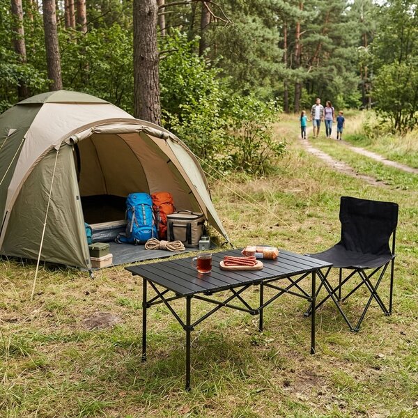 MultiGarden Turistický skladací stôl 95x55 cm s taškou - čierny MultiGarden