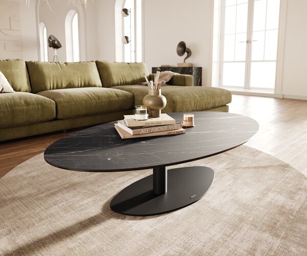 DELIFE Konferenčný stolík Edge oválny 140x80 cm keramika Laminam® Noir Desir hnedá Vibany kov čierna