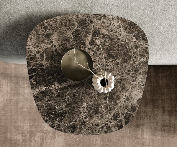 DELIFE Konferenčný stolík Edge zaoblený 60x60 cm keramika Laminam® Emperador Extra Lucidato tmavohnedá Eleny kov čierna