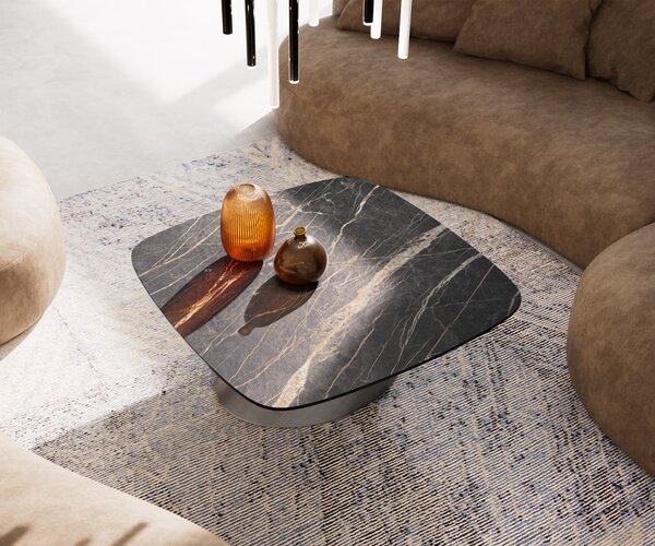 DELIFE Konferenčný stolík Edge zaoblený 90x90 cm keramika Laminam® Noir Desir hnedá Conis metalická strieborná