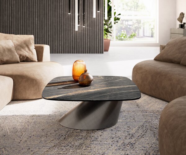 DELIFE Konferenčný stolík Edge zaoblený 90x90 cm keramika Laminam® Noir Desir hnedá Conis metalická strieborná
