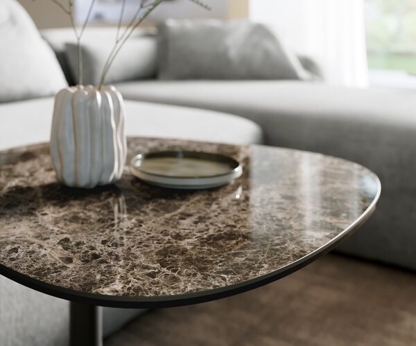 DELIFE Konferenčný stolík Edge zaoblený 60x60 cm keramika Laminam® Emperador Extra Lucidato tmavohnedá Eleny kov čierna