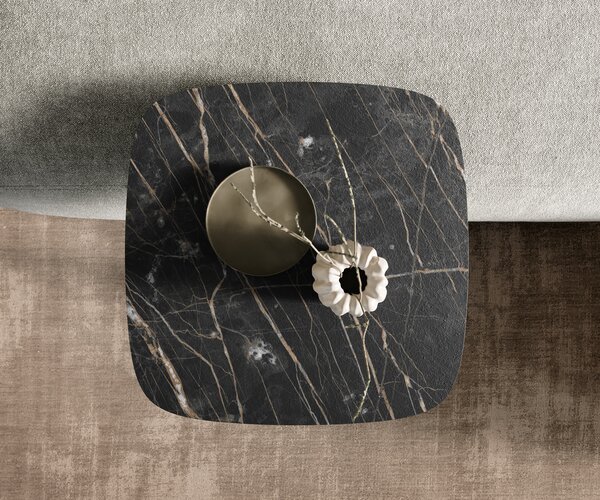 DELIFE Konferenčný stolík Edge zaoblený 50x50 cm keramika Laminam® Noir Desir hnedá Eleny nerezová oceľ kefovaná