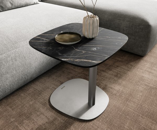 DELIFE Konferenčný stolík Edge zaoblený 50x50 cm keramika Laminam® Noir Desir hnedá Eleny nerezová oceľ kefovaná