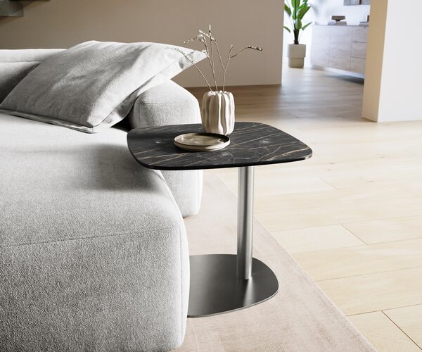 DELIFE Konferenčný stolík Edge zaoblený 50x50 cm keramika Laminam® Noir Desir hnedá Eleny nerezová oceľ kefovaná