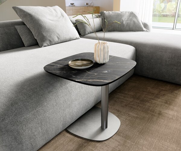 DELIFE Konferenčný stolík Edge zaoblený 50x50 cm keramika Laminam® Noir Desir hnedá Eleny nerezová oceľ kefovaná