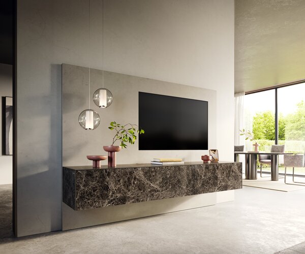 DELIFE TV stolík Cuor 220 cm keramika emperador extra leštený tmavohnedá 1 výklopné dvierka 2 zásuvky závesné