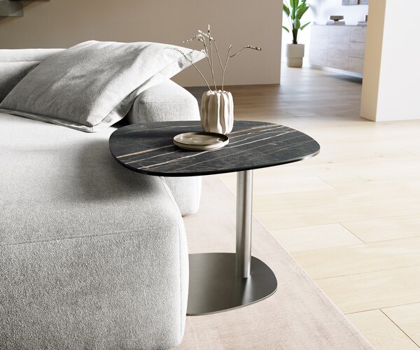 DELIFE Konferenčný stolík Edge zaoblený 60x60 cm keramika Laminam® Noir Desir hnedá Eleny nerezová oceľ kefovaná