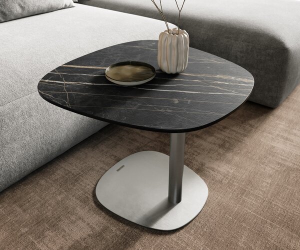 DELIFE Konferenčný stolík Edge zaoblený 60x60 cm keramika Laminam® Noir Desir hnedá Eleny nerezová oceľ kefovaná