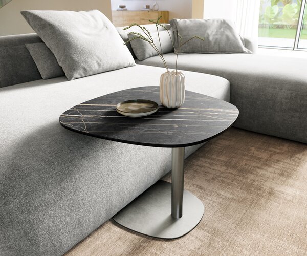 DELIFE Konferenčný stolík Edge zaoblený 60x60 cm keramika Laminam® Noir Desir hnedá Eleny nerezová oceľ kefovaná