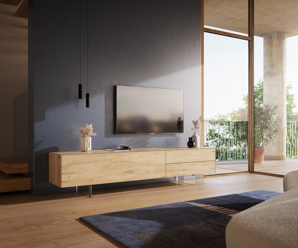 DELIFE TV stolík Cuor 220 cm keramika Laminam® Sabbia v dubovej farbe 1 výklopné dvierka 2 zásuvky podstava závesná akrylové sklo