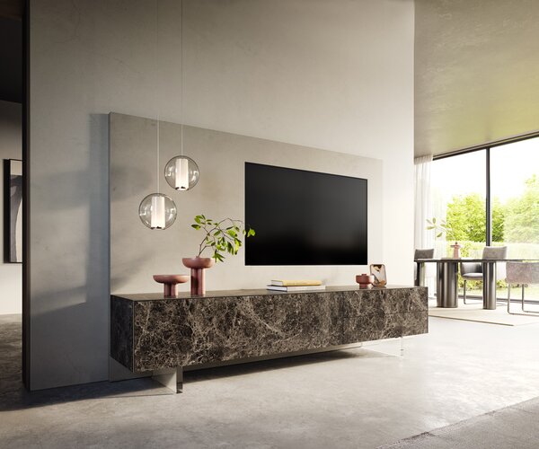 DELIFE TV stolík Cuor 220 cm keramika emperador extra leštený tmavohnedá 1 výklopné dvierka 2 zásuvky podstava závesná akrylové sklo