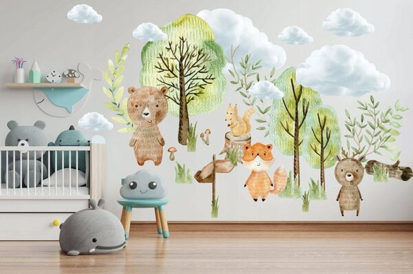 Fantastická nálepka na stenu do detskej izby zvieratká v lese 60 x 120 cm