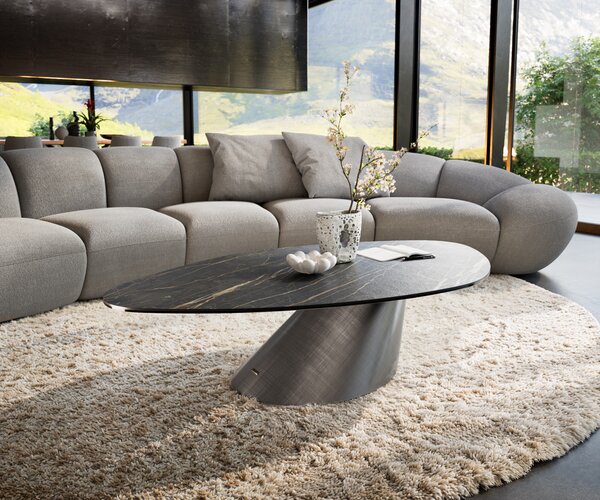 DELIFE Konferenčný stolík Edge organický 140x76 cm keramika Laminam® Noir Desir hnedá Conis metalická strieborná