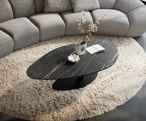 DELIFE Konferenčný stolík Edge organický 140x76 cm keramika Laminam® Noir Desir hnedý Vibany kov čierna