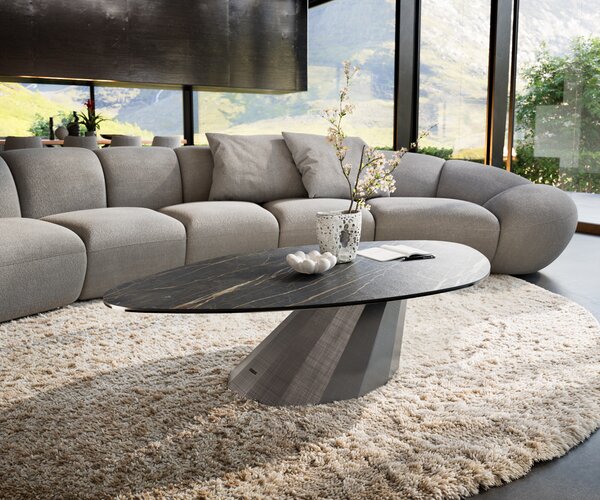 DELIFE Konferenčný stolík Edge organický 140x76 cm keramika Laminam® Noir Desir hnedá Parabi metalická strieborná