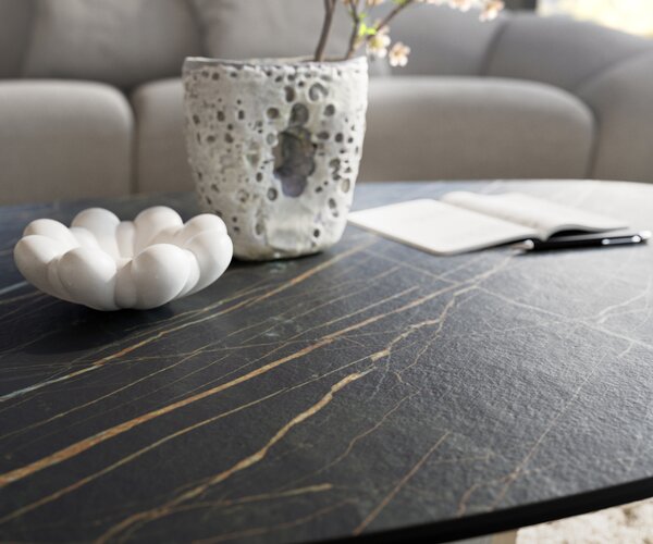DELIFE Konferenčný stolík Edge organický 140x76 cm keramika Laminam® Noir Desir hnedá Conis metalická strieborná