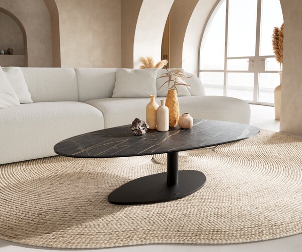 DELIFE Konferenčný stolík Edge oválny 140x75 cm keramika Laminam® Noir Desir hnedý Vibany kov čierny