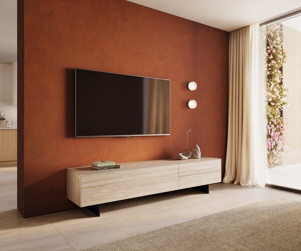 DELIFE TV stolík Cuor 220 cm keramika Laminam® Travertino Bianco krémovo biela 1 výklopné dvierka 2 zásuvky podstava závesná kov čierna