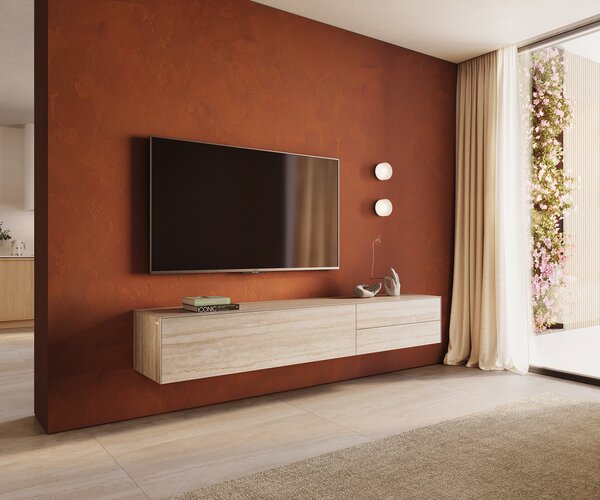 DELIFE TV stolík Cuor 220 cm keramika Laminam® Travertino Bianco krémovo biela 1 výklopné dvierka 2 zásuvky závesné