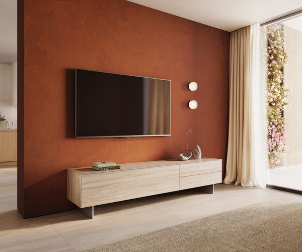 DELIFE TV stolík Cuor 220 cm keramika Laminam® Travertino Bianco krémovo biela 1 výklopné dvierka 2 zásuvky podstava závesná nerezová oceľ